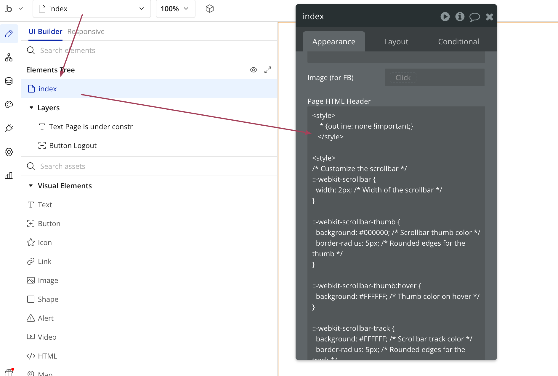 Screenshot of a UI Bubble.io interface showing an element tree with a highlighted "index" element. A text description and a logout button are visible. A panel displays HTML styling code related to scrollbars.