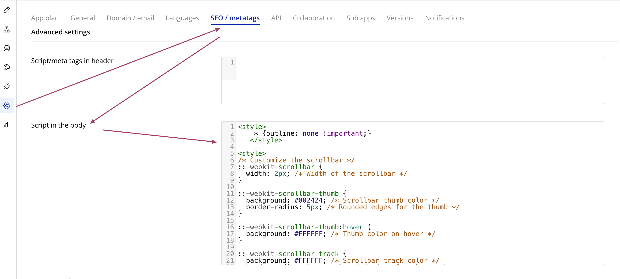 Screenshot of a bubble.io settings showing "Advanced settings" with sections for "Script/meta tags in header" and "Script in the body." There is example CSS code for customizing a scrollbar.