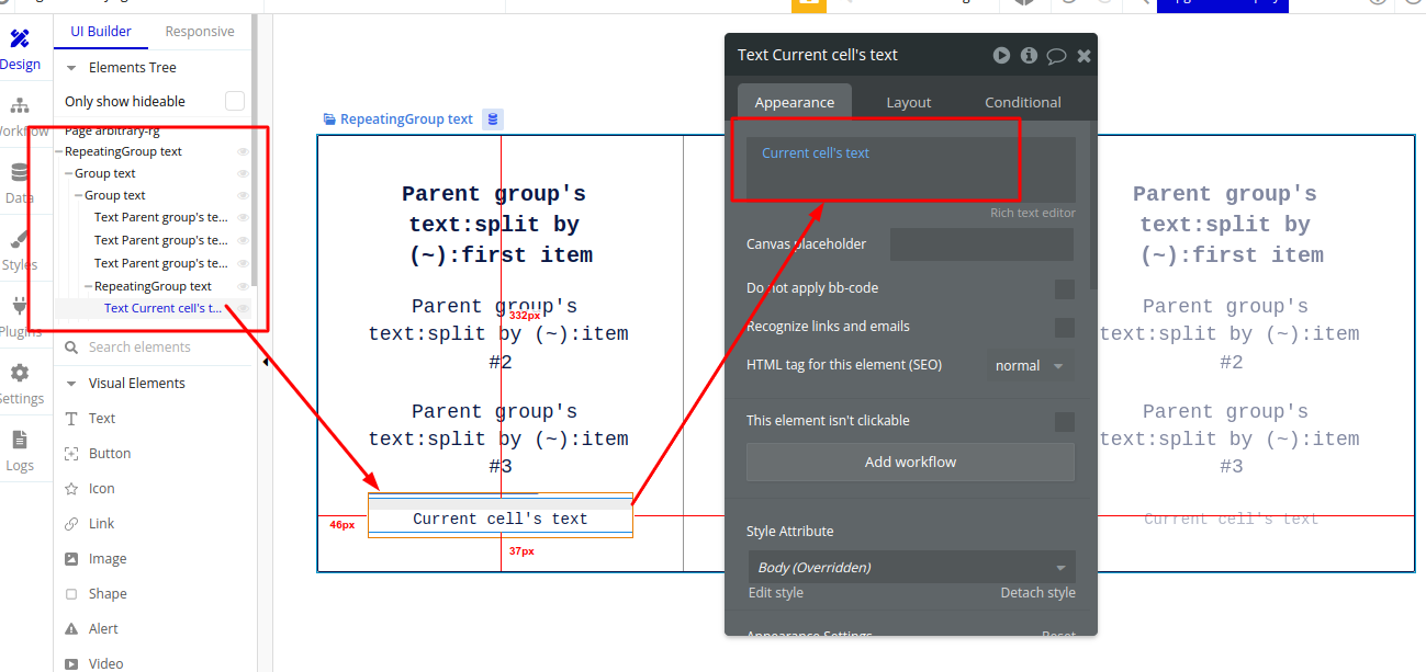 Bubble.io editor showing the inner feature row text element bound to 'Current cell's text', so each comma-separated feature renders one per row inside the nested repeating group