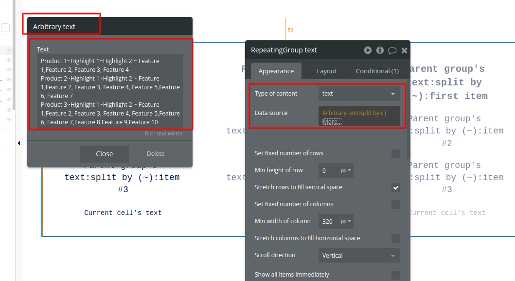 Bubble.io repeating group property panel with the arbitrary text field expanded, showing three product rows separated by tildes that drive the cells without a database lookup