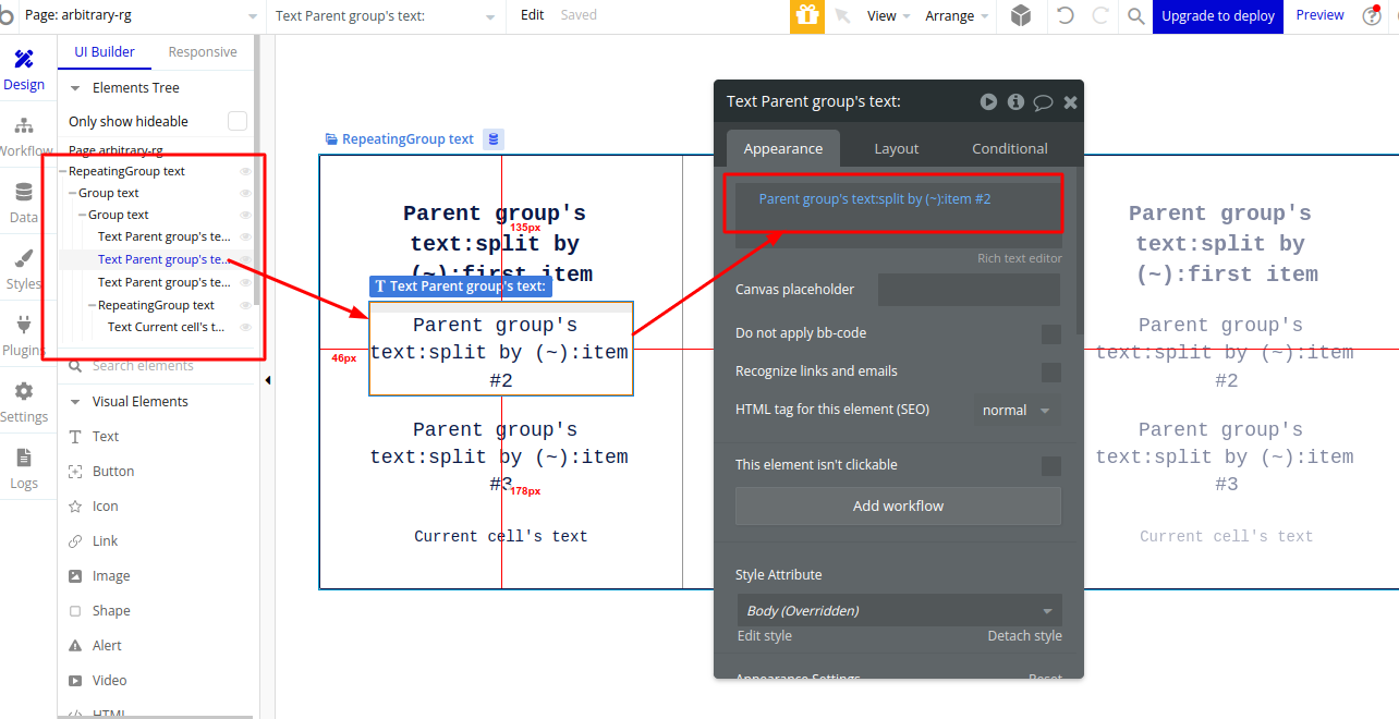 Bubble.io editor with the Highlight 1 text element configured as 'Parent group's text: split by (~) :item #2' so it picks the second tilde-separated chunk for each product