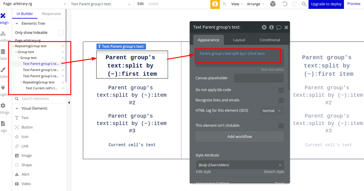 Bubble.io editor showing the product-name text element configured with the expression 'Parent group's text: split by (~) :first item' so each cell pulls its product label