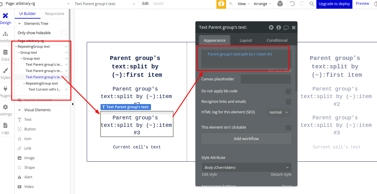 Bubble.io editor with the Highlight 2 text element configured as 'Parent group's text: split by (~) :item #3', completing the product header row inside the repeating group cell