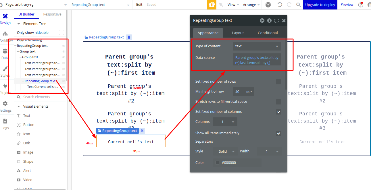 Bubble.io editor with a nested repeating group selected, its data source set to 'Parent group's text: split by (~) :last item: split by (,)' to fan out each product's feature list