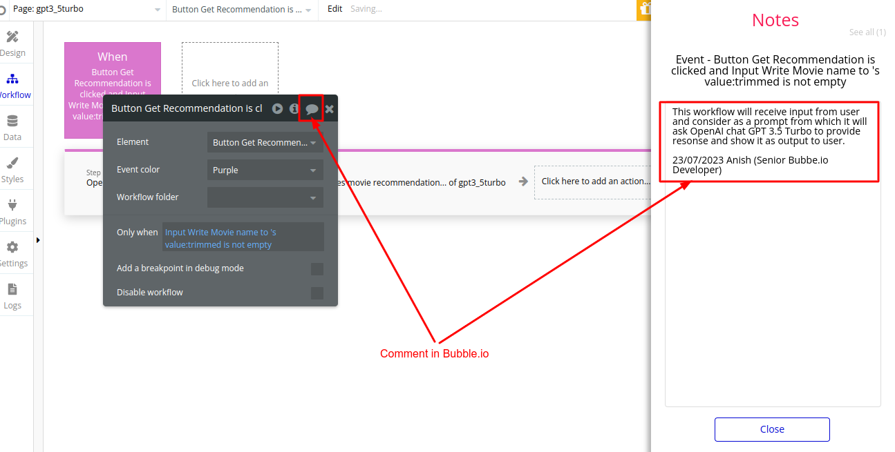 Bubble.io workflow editor for the 'Button Get Recommendation' event with the comment icon highlighted, next to an open Notes panel storing a developer note that documents the workflow's purpose