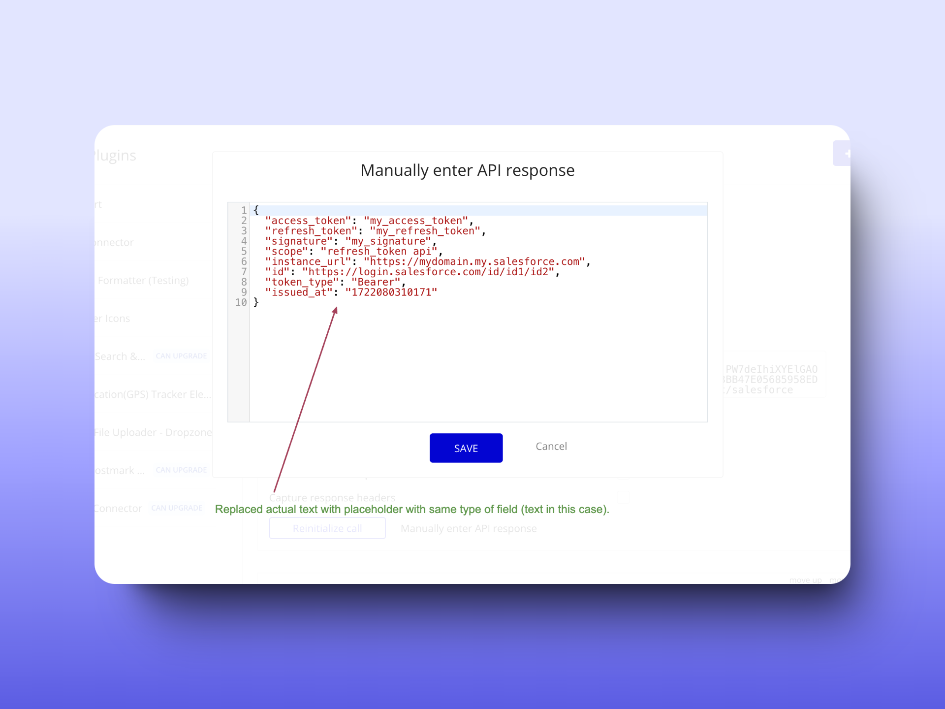 Bubble.io 'Manually enter API response' modal rewritten with placeholder strings like 'my_access_token' replacing the real Salesforce values while preserving each field's data type