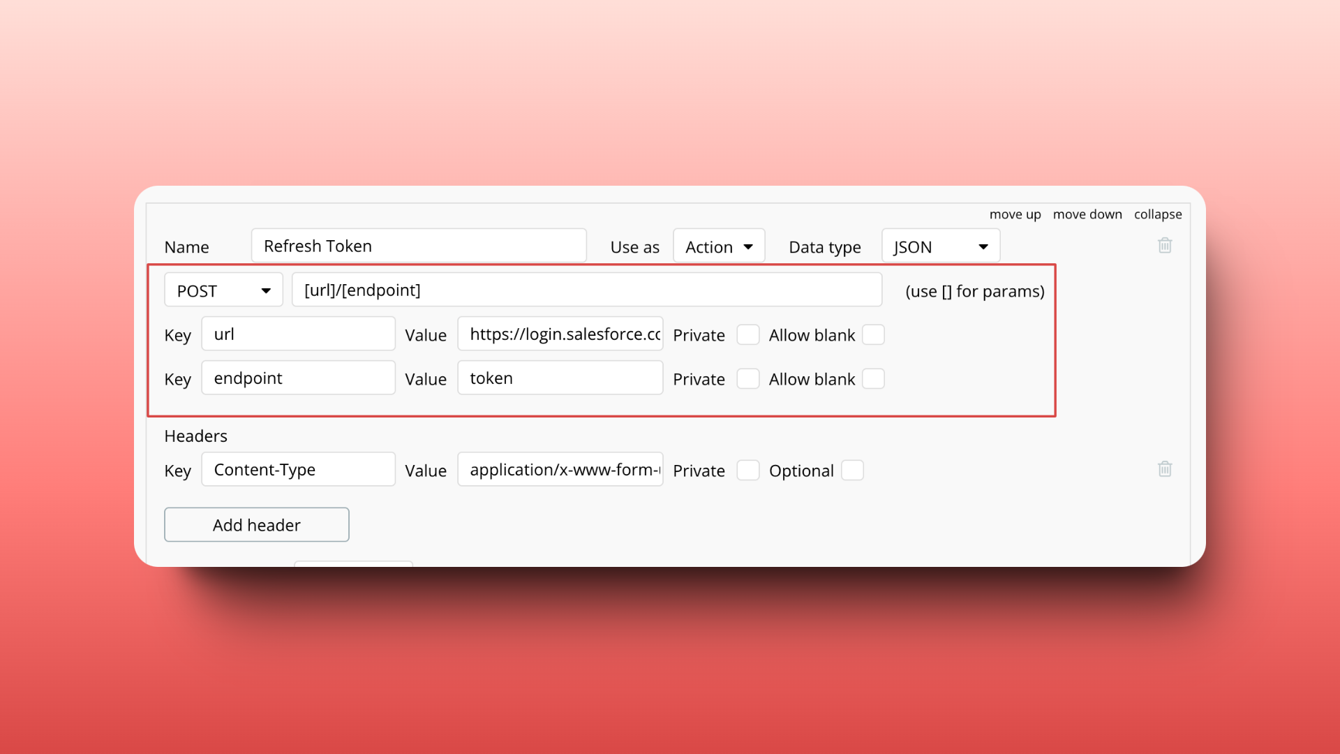 A screenshot of a software interface showing a form titled "Refresh Token." It features a POST method with fields for URL and endpoint values, and a Content-Type header set to "application/x-www-form-urlencoded."