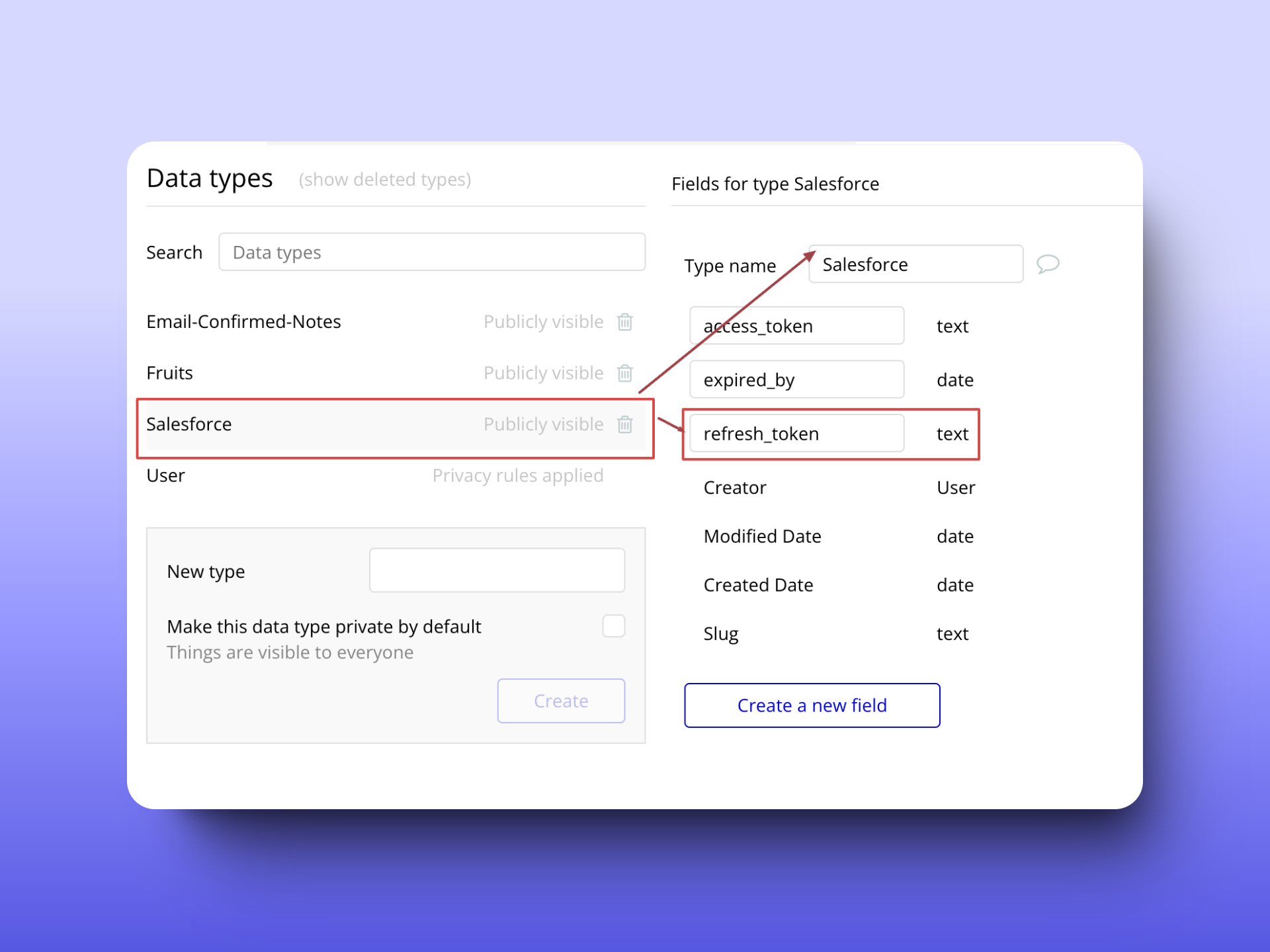 A user interface showing a data type named "Salesforce" with fields such as "access_token," "expired_by," and "refresh_token." The "Salesforce" type is publicly visible, and fields are categorized by type, like text and date. A form for creating a new field is also visible.