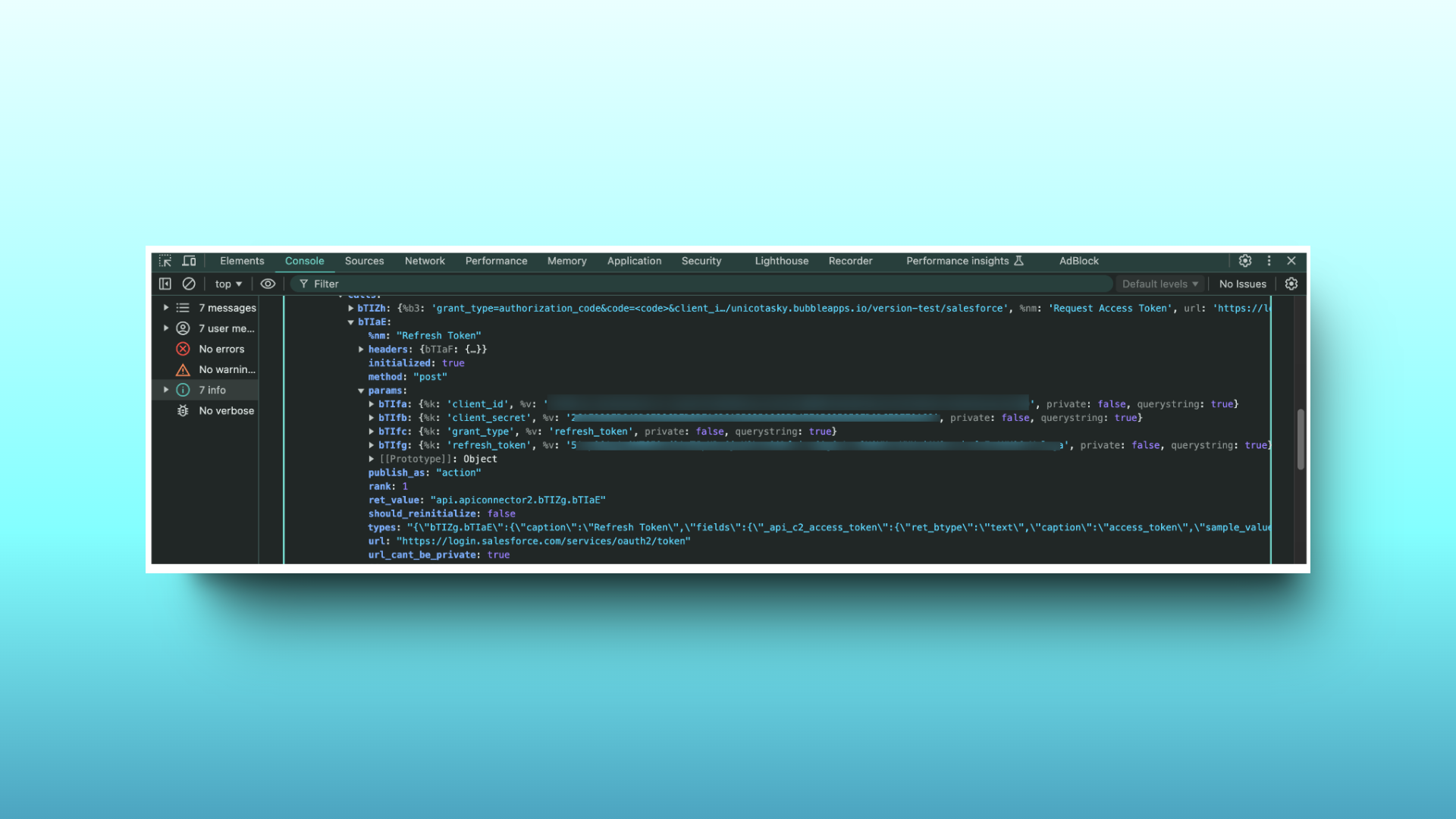 Screenshot of a browser developer console displaying network request details for an OAuth 2.0 token refresh, with parameters including client ID, client secret, and grant type.