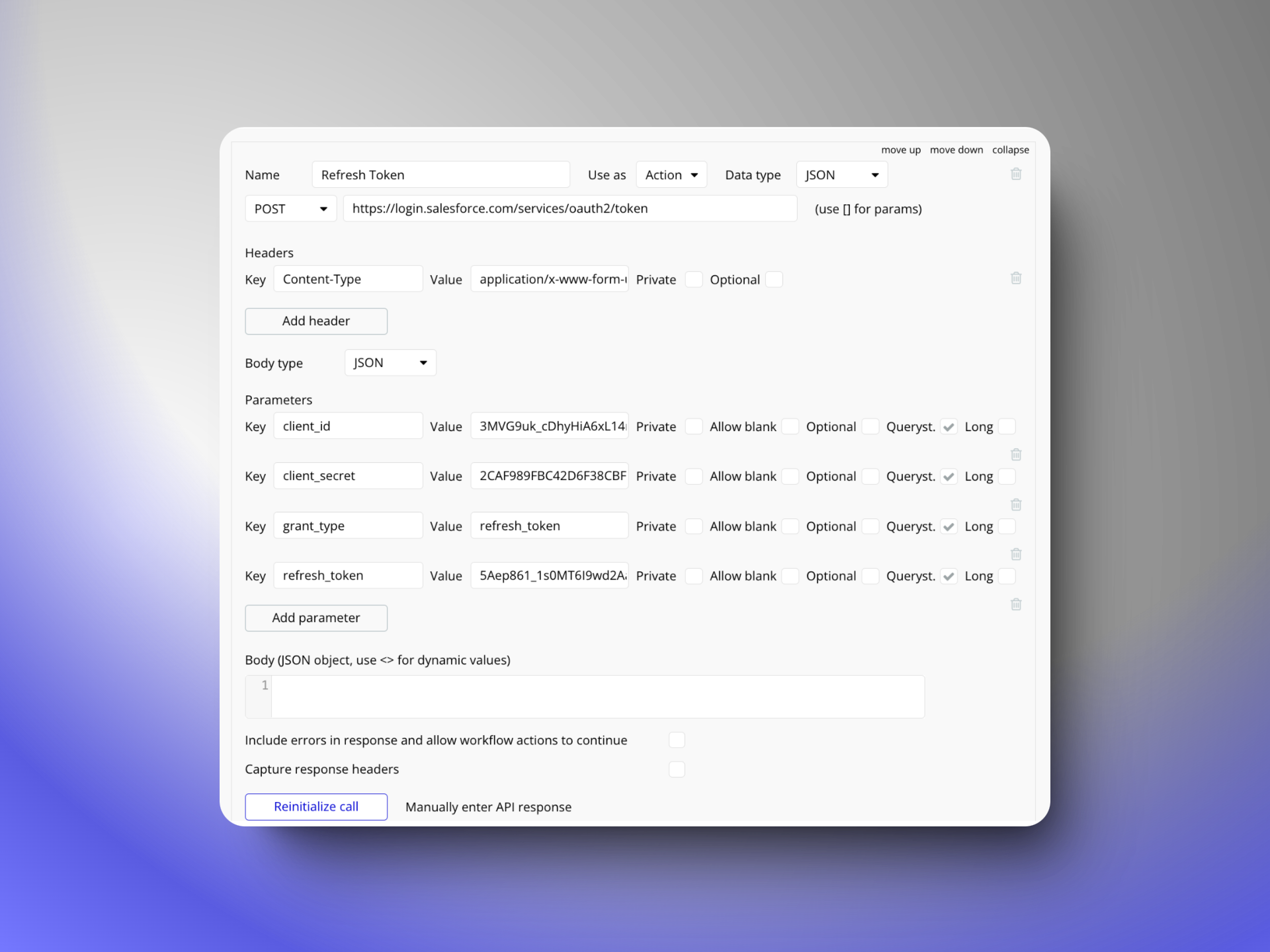 A screenshot showing API request configuration with parameters for a "Refresh Token" action. It includes fields for client ID, client secret, grant type, and refresh token. Options for headers and response settings are also visible.