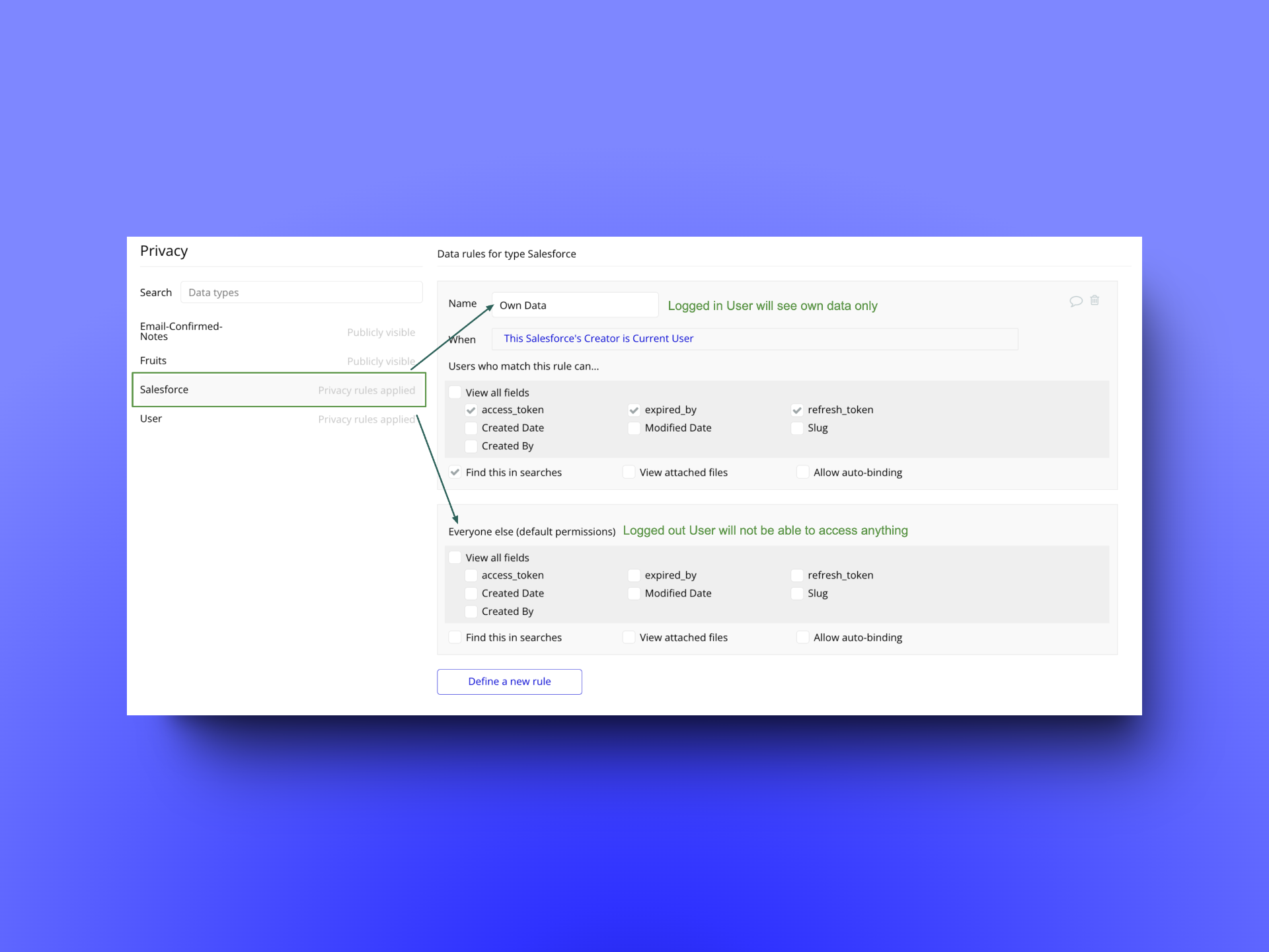 A screenshot of privacy settings in a bubble.io interface. The "Salesforce" data type is selected, showing detailed rules for logged-in users to view their own data and permissions for other users. Options include fields for access token, created by, and others, with checkboxes for permissions.