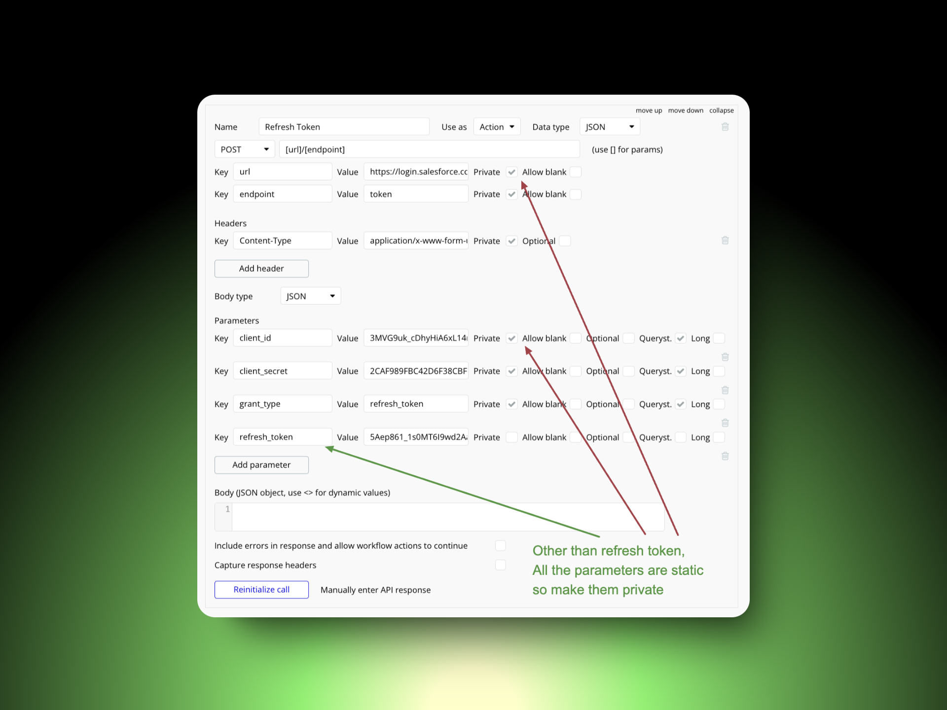A screenshot of a web application interface for configuring a "Refresh Token" API call. The configuration includes URL and endpoint fields, headers, and parameters like client_id, client_secret, grant_type, and refresh_token. Red arrows highlight fields with static values marked as private. A note indicates that all parameters, except the refresh token, are static and should be private.