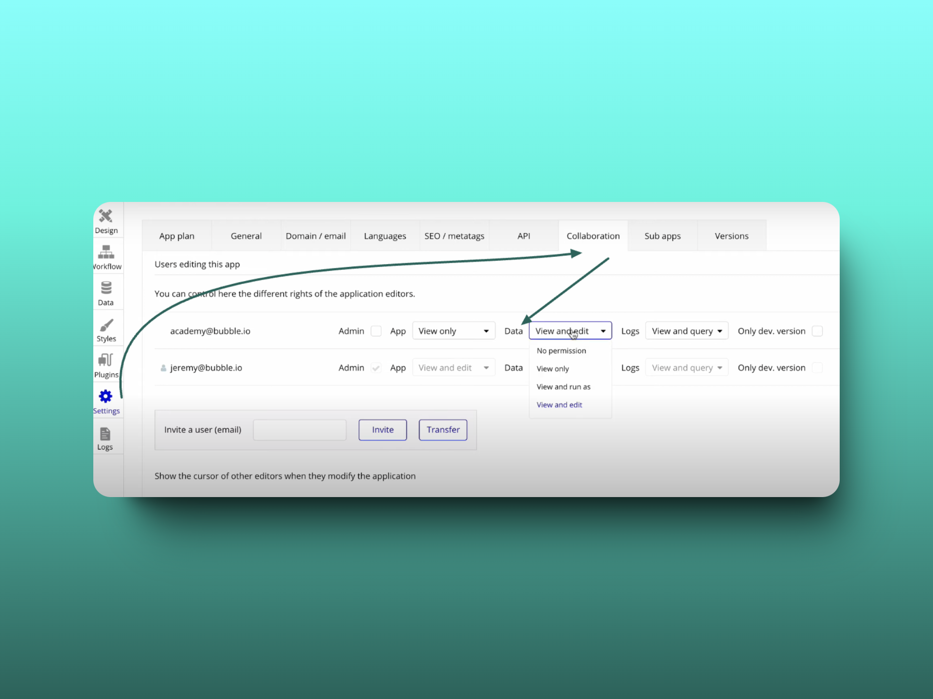 Screenshot of a user permissions settings page. It shows options for user roles and data access levels, with drop-down menus offering permissions such as "View and edit." Two users' email addresses are visible, alongside options to invite or transfer users. Navigation tabs are on the left side.
