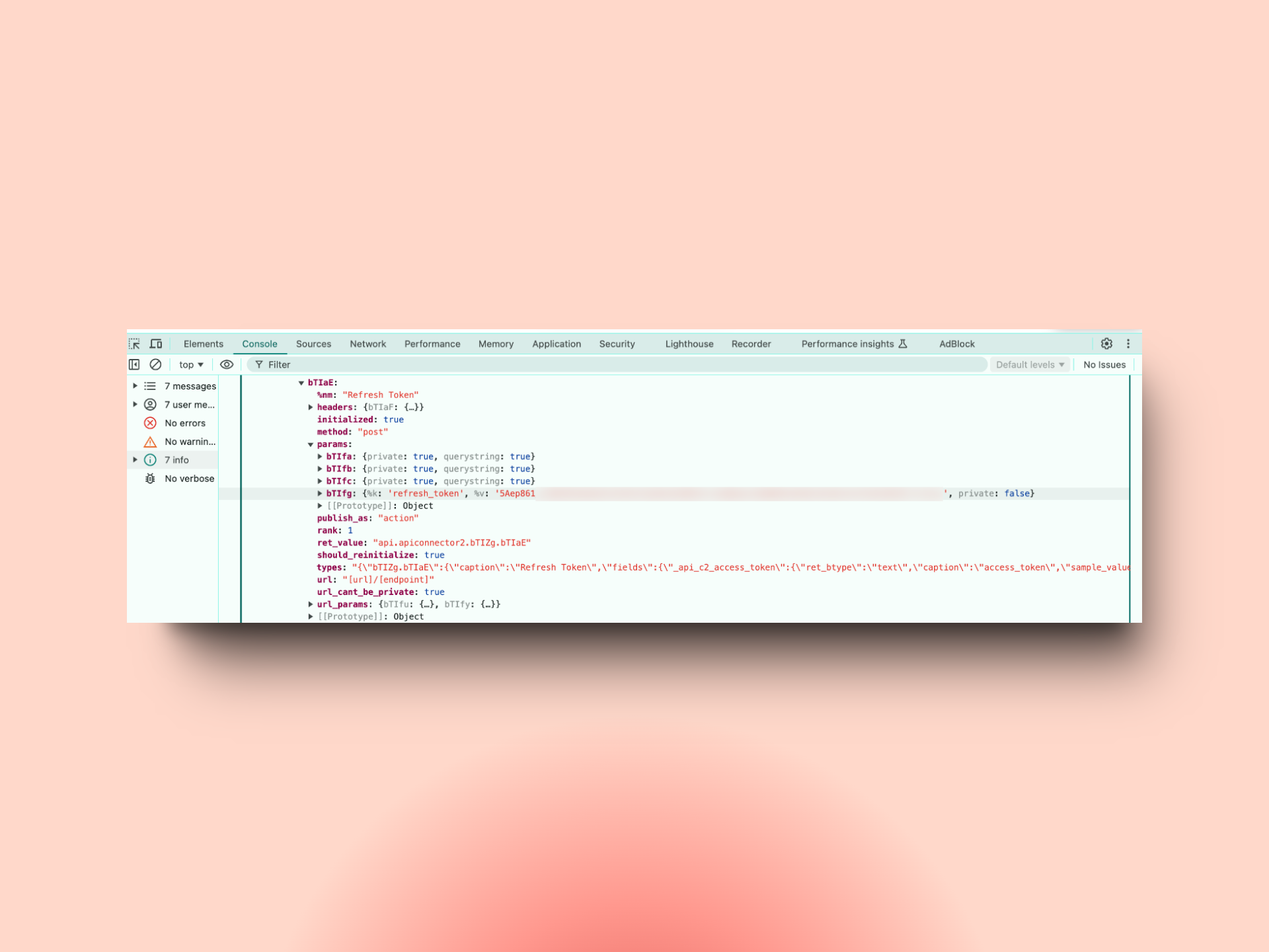 Browser developer console with the network response expanded, exposing the refresh_token field and other Salesforce parameters in plaintext on page load because they were not marked private