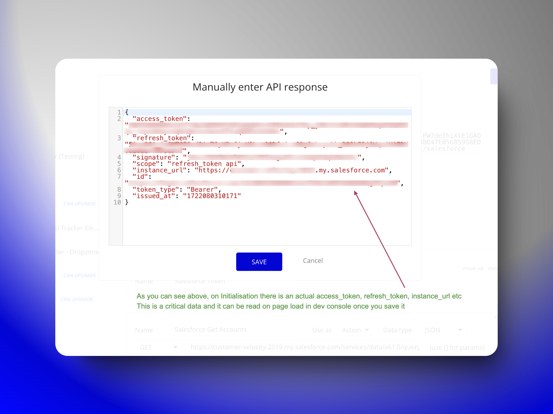 Bubble.io 'Manually enter API response' modal holding a real Salesforce initialisation payload with access_token and other sensitive fields, flagged as data readable on page load