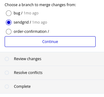 Bubble.io merge dialog asking the developer to choose a branch to merge changes from, with sendgrid selected and a stepper for Review changes, Resolve conflicts, and Complete