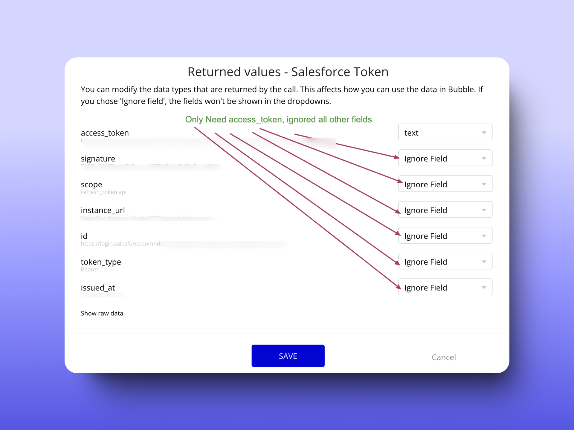 Bubble.io API Connector 'Returned values, Salesforce Token' dialog with access_token kept as text and the other returned fields set to Ignore Field to trim unused response data