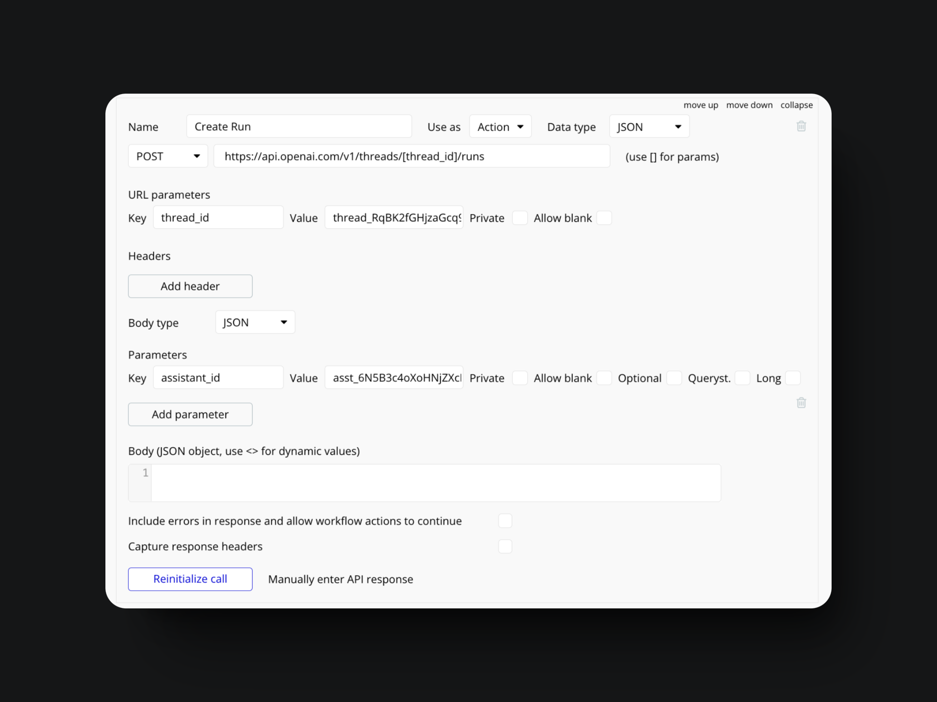 Open AI create run API setup in bubble.io