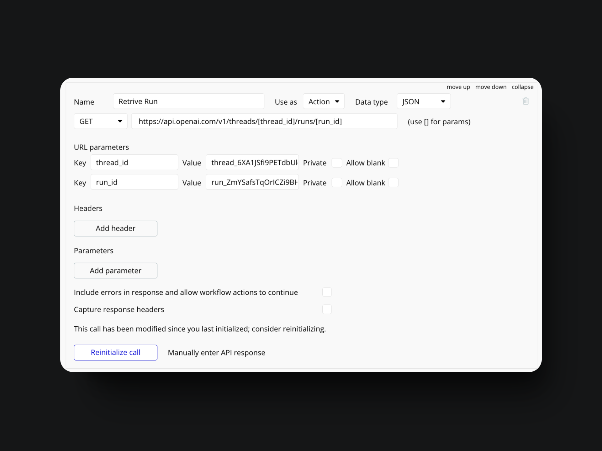 Open AI Retrive run API call setup in bubble.io