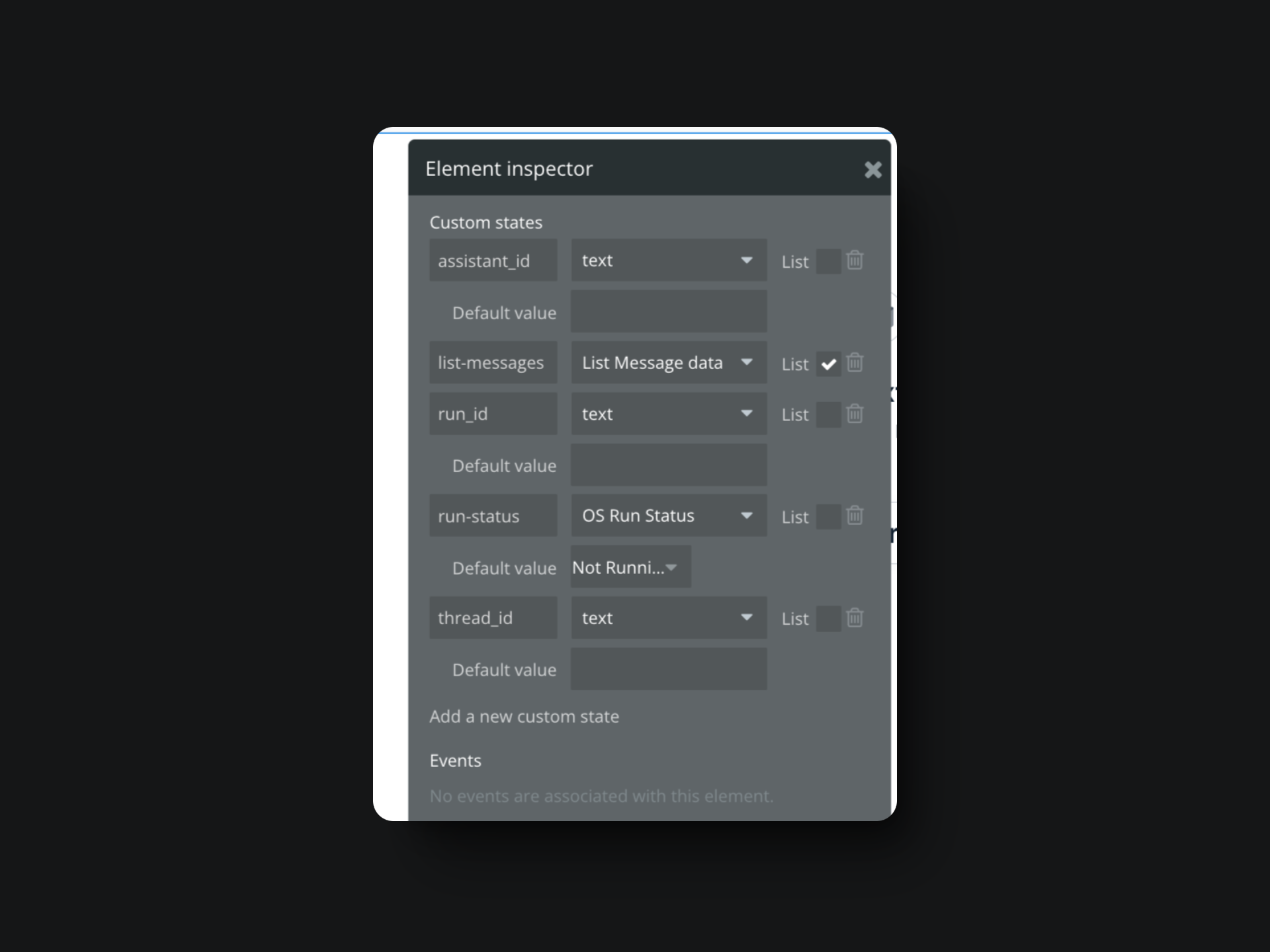 custom states on the page level that store: thread ID, run ID, run status, and list of messages (List Messages API data type)