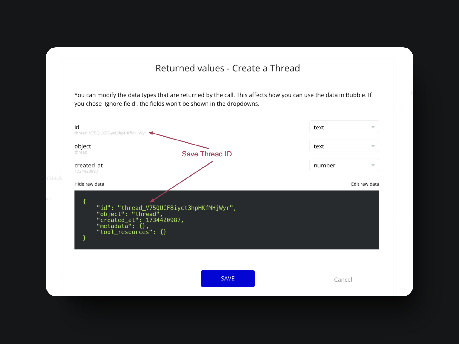 Open AI Create thread successful api in bubble.io