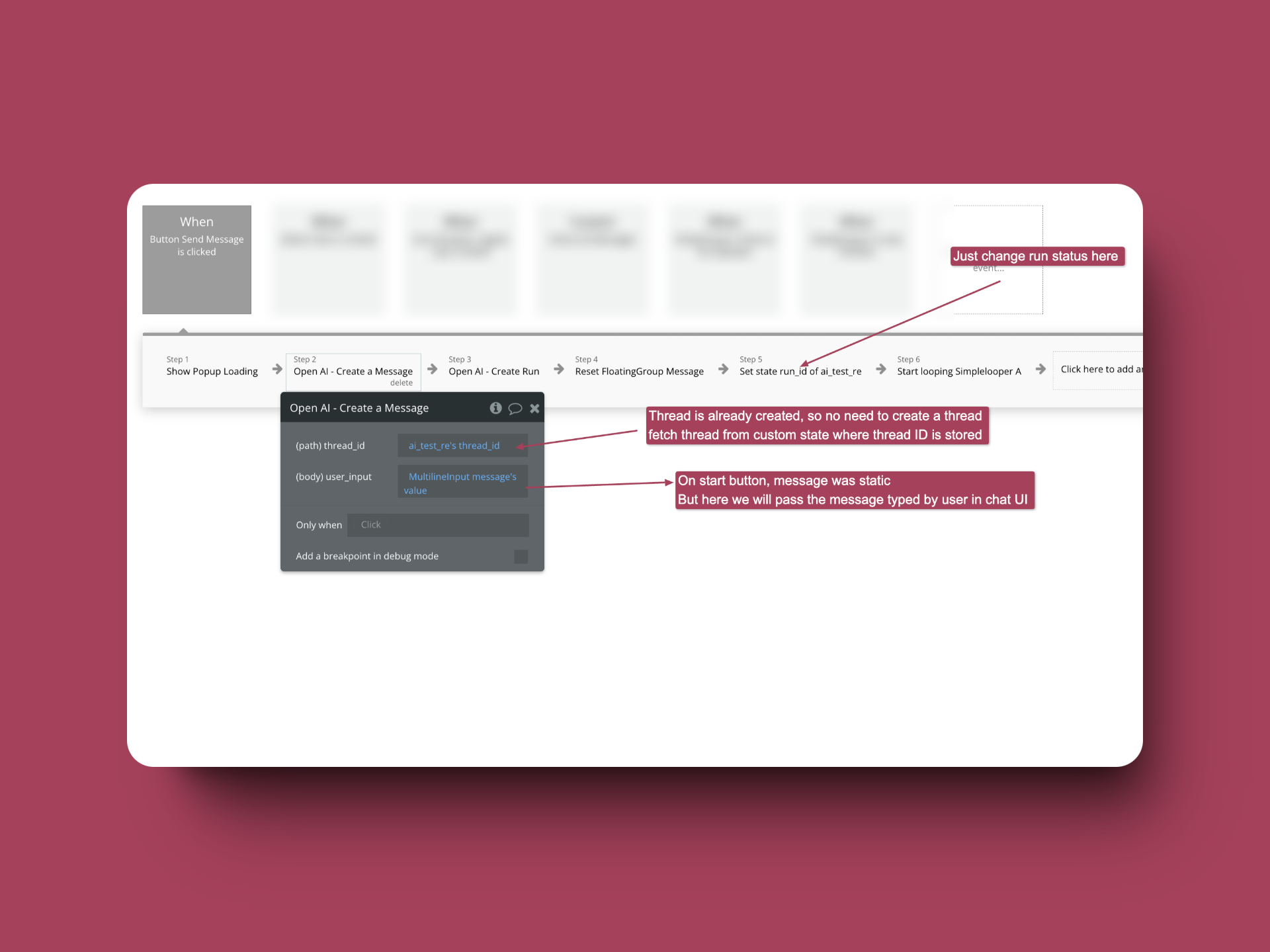 dynamic message chat with AI Assistant via bubble.io