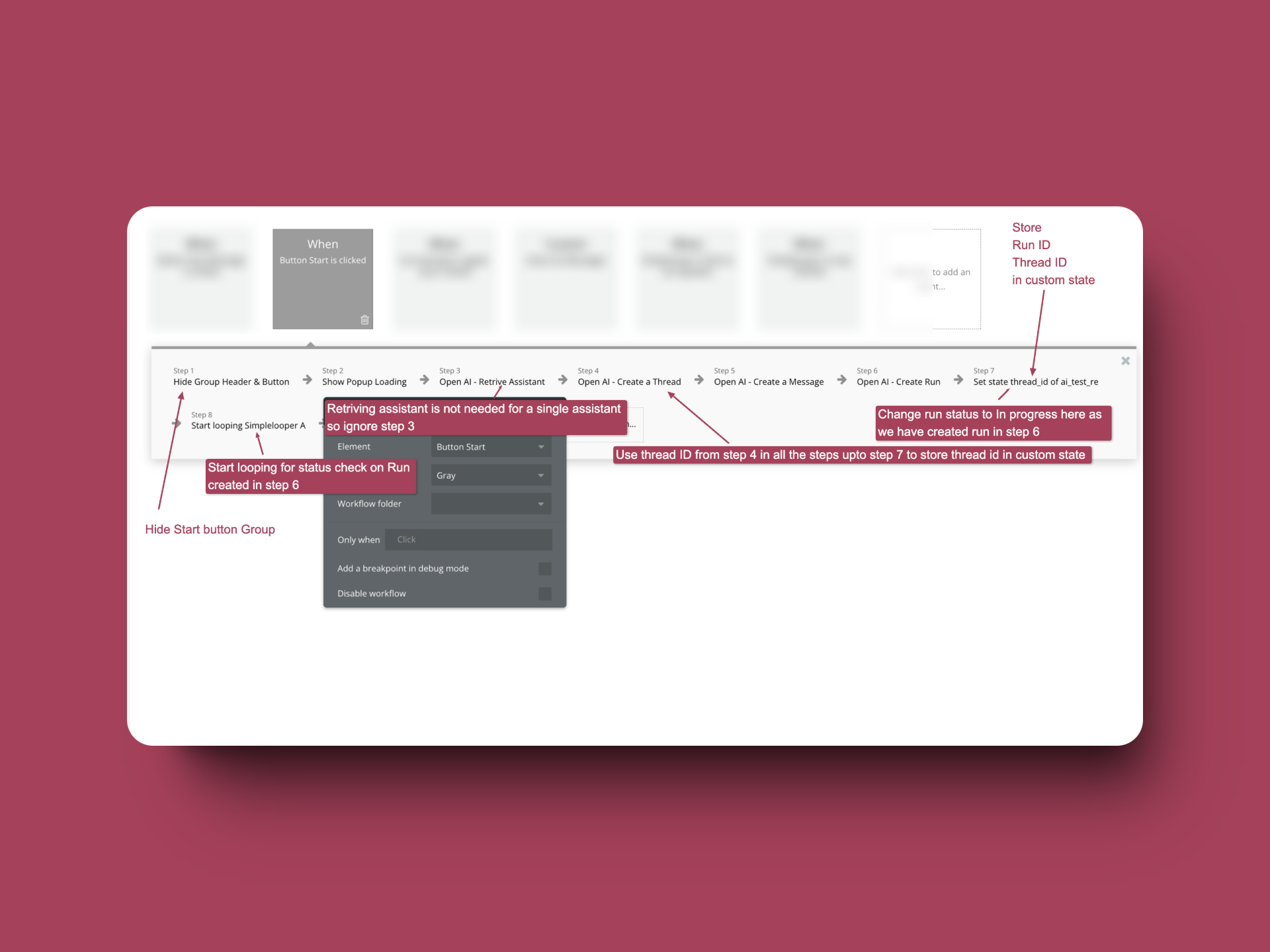 Bubble.io workflow when chat with open AI assistant initiated 