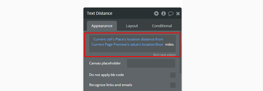 Bubble.io Text Distance element in the Appearance editor with a dynamic expression computing distance from the page's Premise location, floored, plus a 'miles' suffix