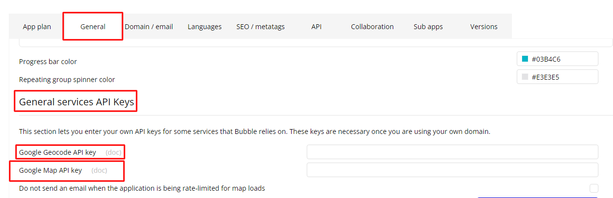 Bubble.io General settings tab with the 'General services API Keys' section highlighted, showing empty fields for Google Geocode API key and Google Map API key