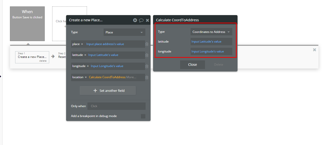 Bubble.io 'Calculate CoordToAddress' formula configured with Type set to 'Coordinates to Address' and the latitude and longitude fields wired to admin form inputs