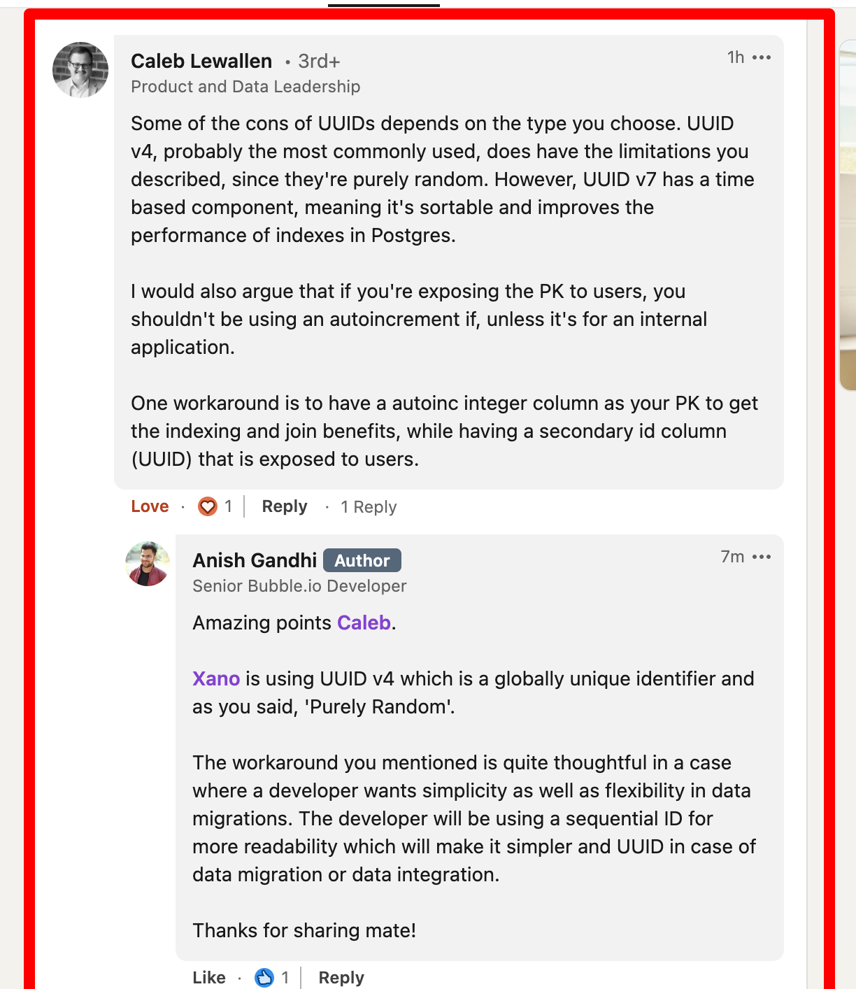 LinkedIn comment from Caleb Lewallen explaining UUID v4 vs UUID v7 indexing performance in Postgres, with the author's reply suggesting a sequential ID for migrations and UUID for data integrations