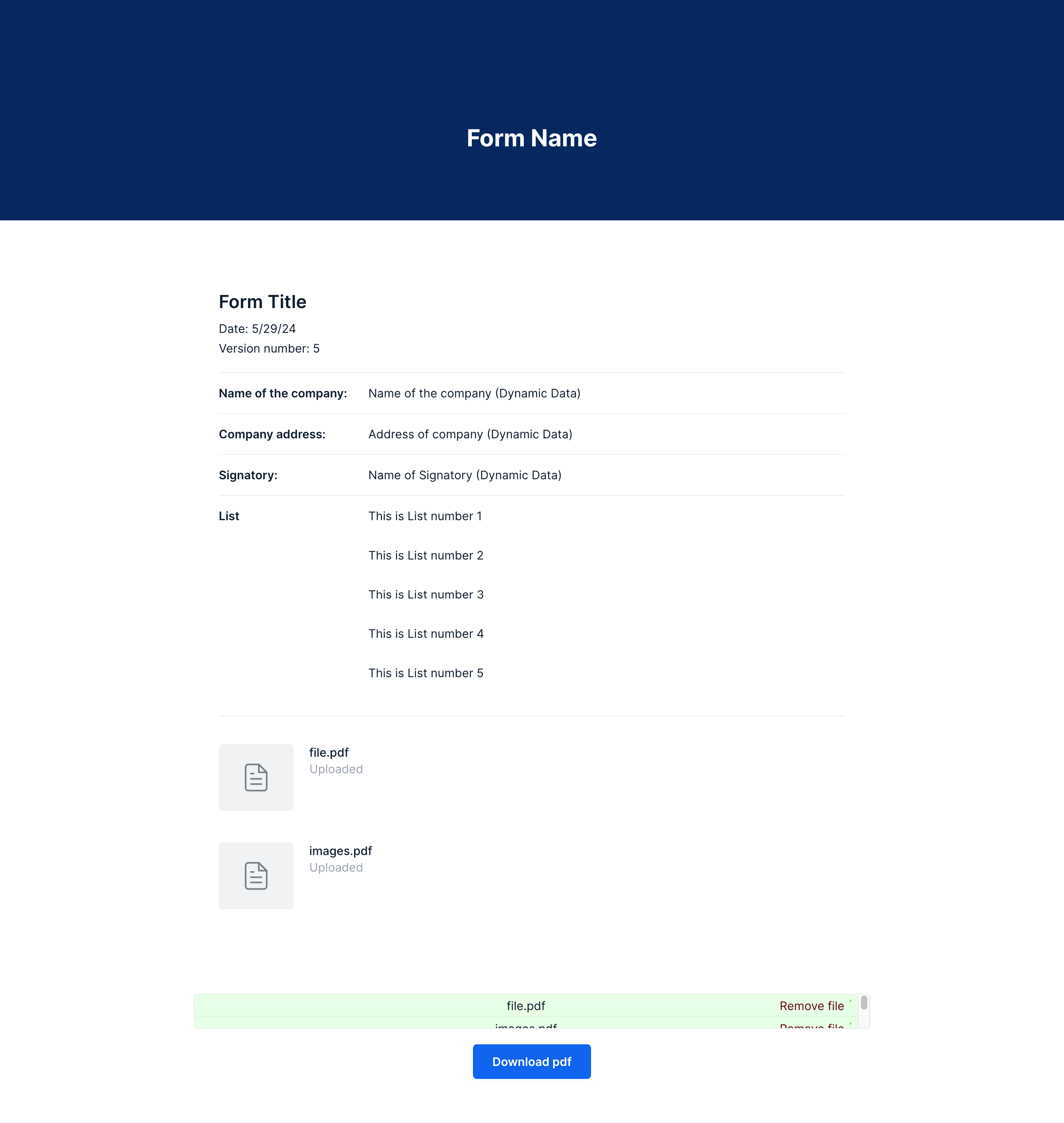 Sample Bubble.io form page with a Form Title, dynamic company and signatory fields, a numbered list, two uploaded PDF attachments and a 'Download pdf' button at the bottom