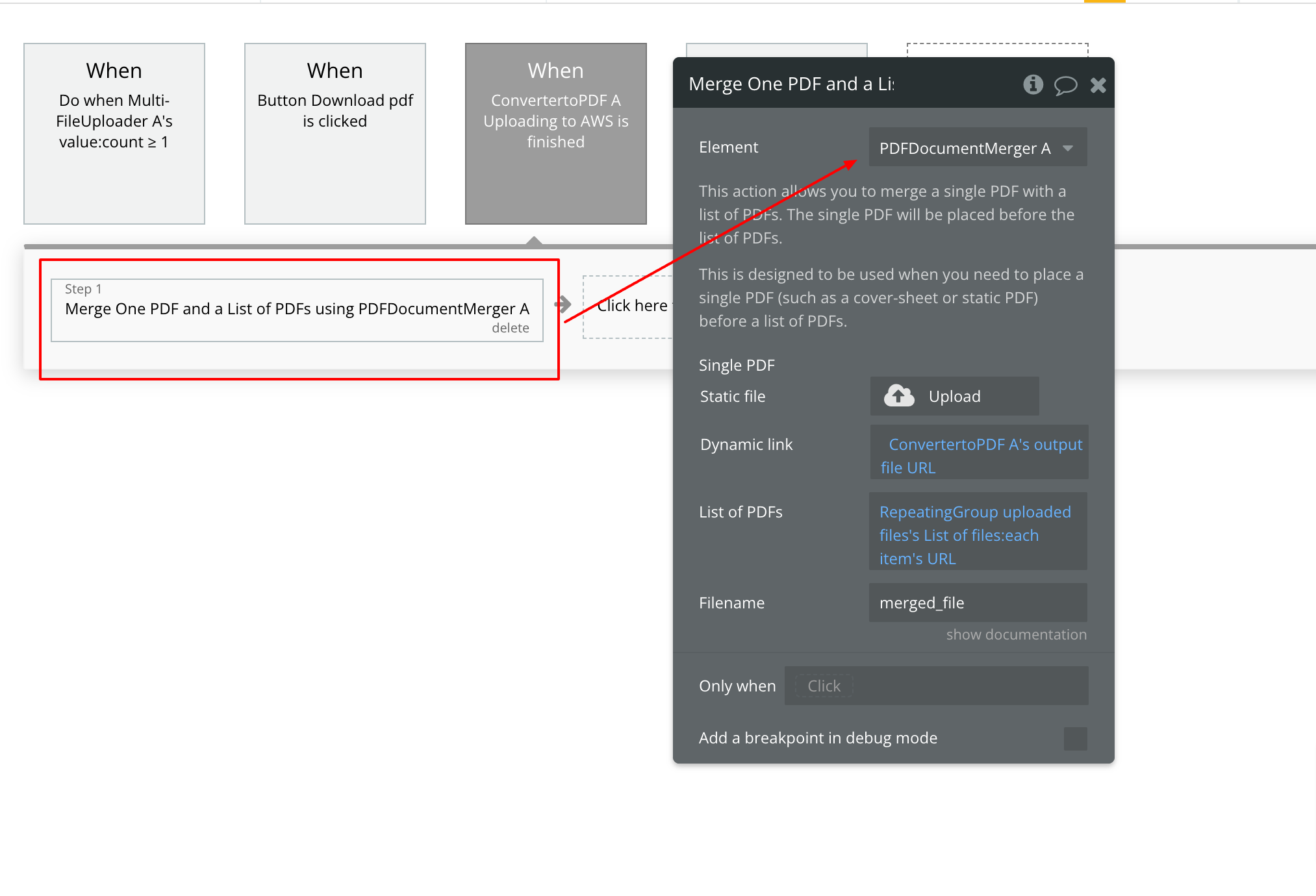 Bubble.io workflow with 'When ConvertertoPDF Uploading to AWS is finished' wired to 'Merge One PDF and a List of PDFs', taking the converter output and uploader file list, output named merged_file
