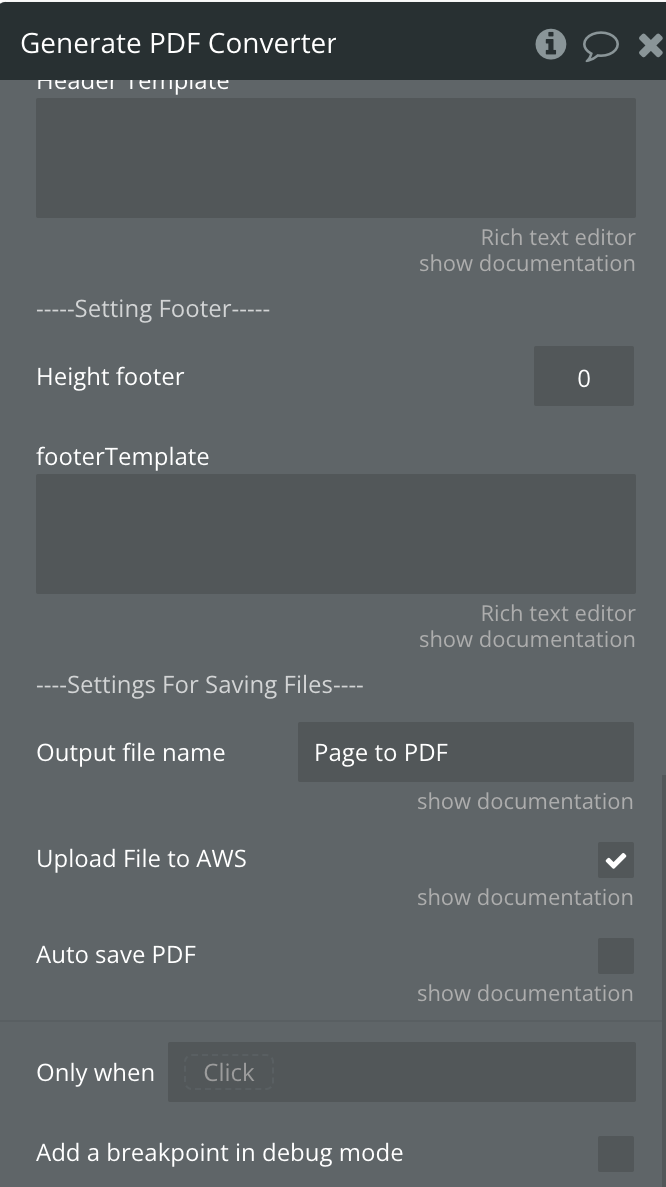 Lower half of the Generate PDF Converter action showing footer template fields, Output file name set to 'Page to PDF', Upload File to AWS ticked, and Auto save PDF unchecked