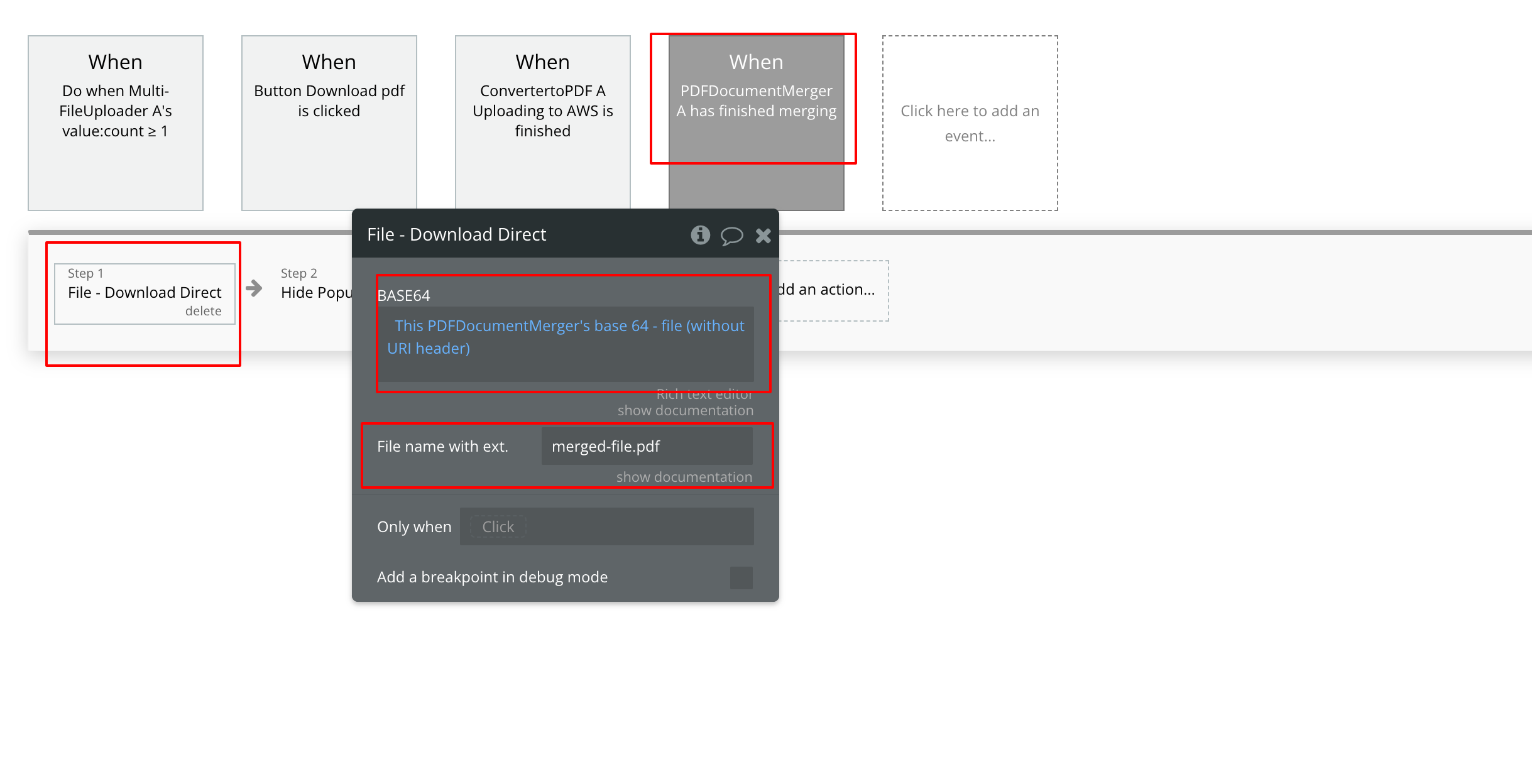 Bubble.io 'When PDFDocumentMerger has finished merging' event running 'File - Download Direct' with the BASE64 input set to the merger output and File name with ext as merged-file.pdf