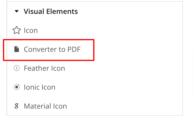 Bubble.io Visual Elements palette with the 'Converter to PDF' element highlighted in red, the plugin element to drop on the page