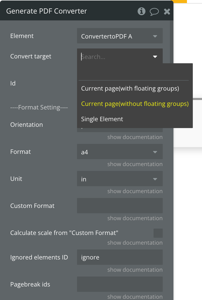 Bubble.io 'Generate PDF Converter' action with the Convert target dropdown open showing the page-with-floating-groups, page-without, and Single Element options, plus Format a4