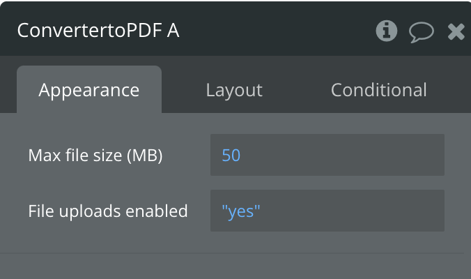 ConvertertoPDF element Appearance tab with Max file size set to 50 MB and File uploads enabled set to 'yes'
