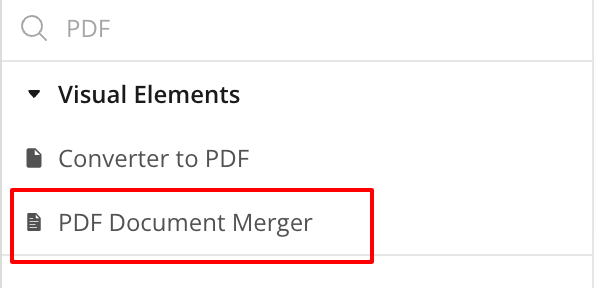 Bubble.io Visual Elements palette filtered by 'PDF' with the 'PDF Document Merger' element highlighted in red, the second plugin element added to the page