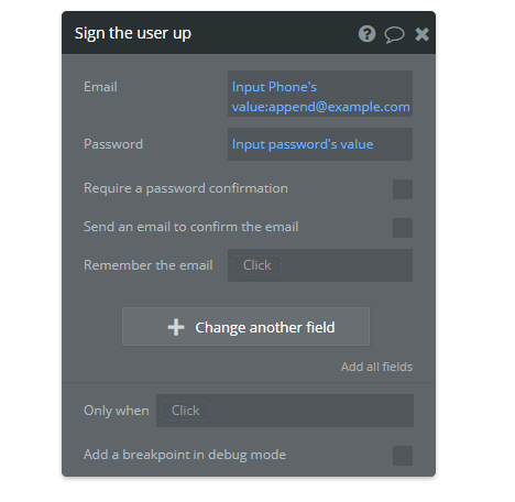 Bubble.io 'Sign the user up' workflow with Email set to 'Input Phone's value:append @example.com' and Password bound to the password input, storing a phone number as a synthetic email