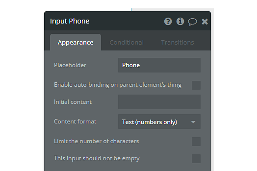 Bubble.io Input Phone element Appearance panel with Placeholder set to 'Phone' and Content format set to 'Text (numbers only)', enforcing digits-only entry on the signup form