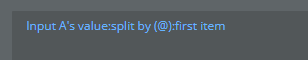 Bubble.io dynamic expression 'Input A's value:split by (@):first item', isolating the phone number portion before the @ symbol so it can be saved separately for Twilio verification