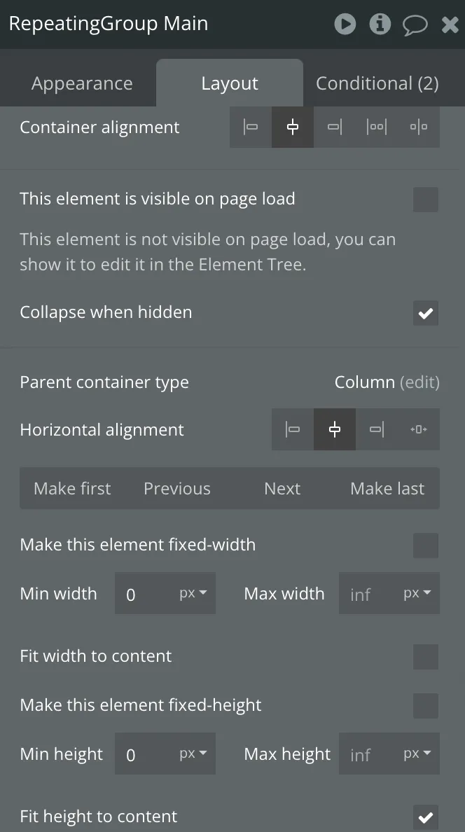 Repeating Group Main layout Setup