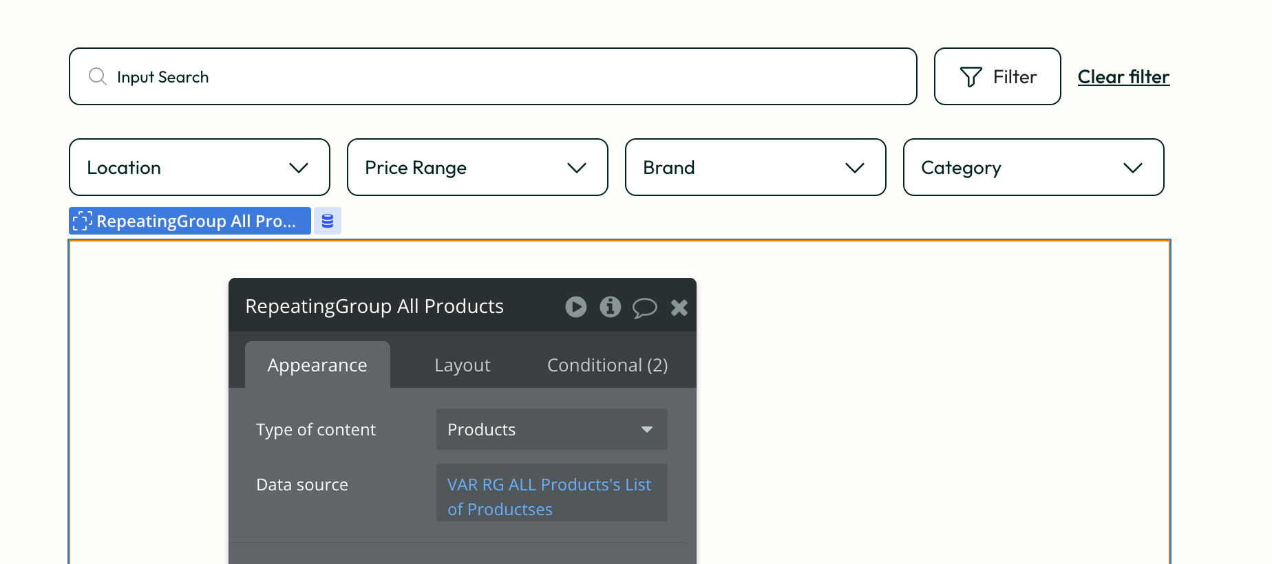 Bubble.io page-level RepeatingGroup All Products with its Data source bound to 'VAR RG ALL Products's List of Products', so filtered output renders from the hidden base list