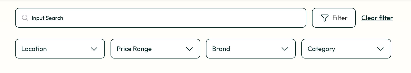 Bubble.io filter UI on a product page with a search input, a Filter button, a Clear filter link, and Location, Price Range, Brand, and Category dropdowns