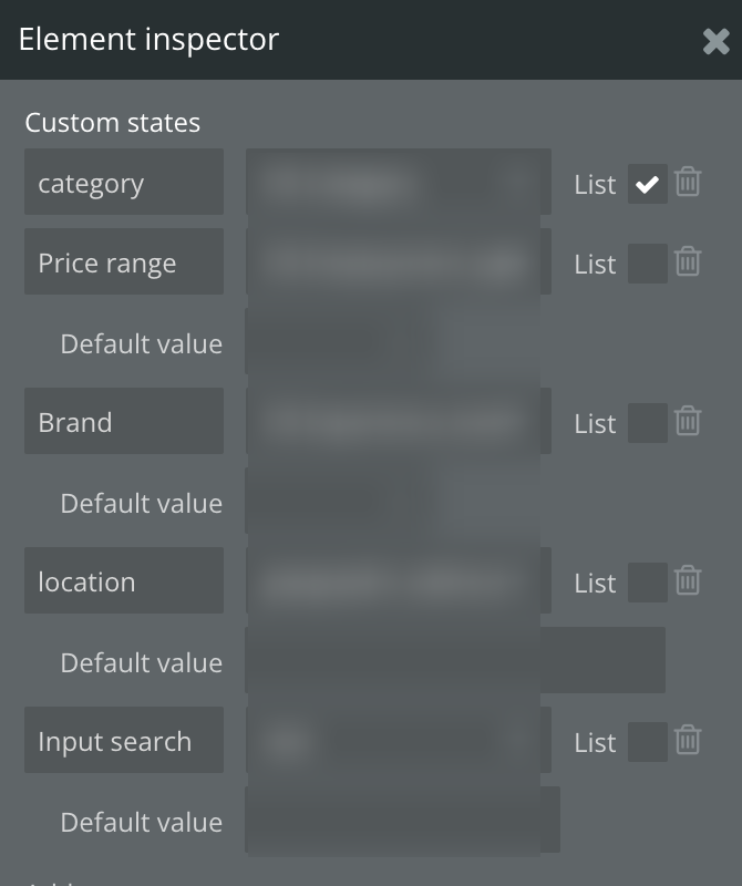 Bubble.io Element inspector listing five page-level custom states, category, Price range, Brand, location, and Input search, that hold each filter's selected value