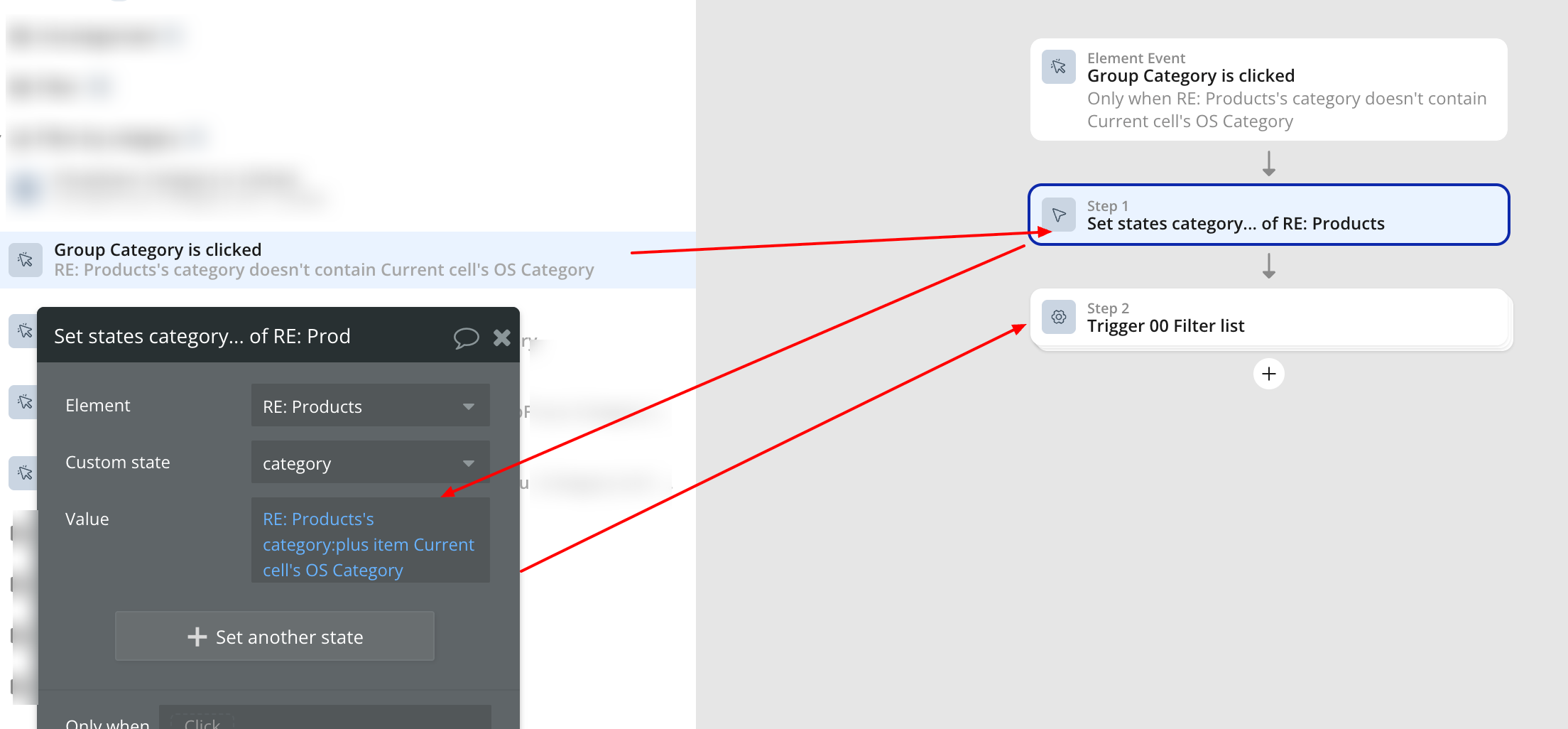 Bubble.io 'Group Category is clicked' workflow that sets the category custom state to the selected cell's value, then triggers the 00 Filter list event to refresh the chain