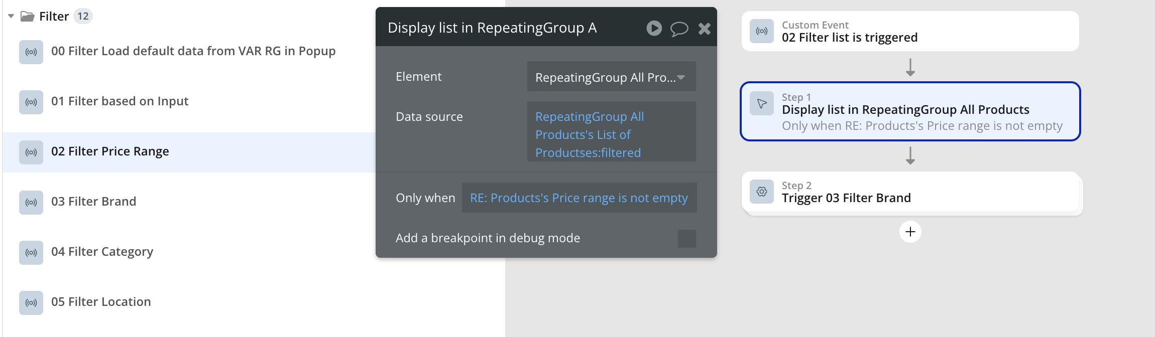 Bubble.io '02 Filter list' event re-displaying RepeatingGroup All Products with a filtered list, gated by 'Only when RE: Products's Price range is not empty', then triggering 03 Filter Brand