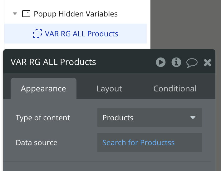Bubble.io 'VAR RG ALL Products' hidden repeating group inside a Popup, with Type of content set to Products and Data source set to a 'Search for Products' query holding the full base list