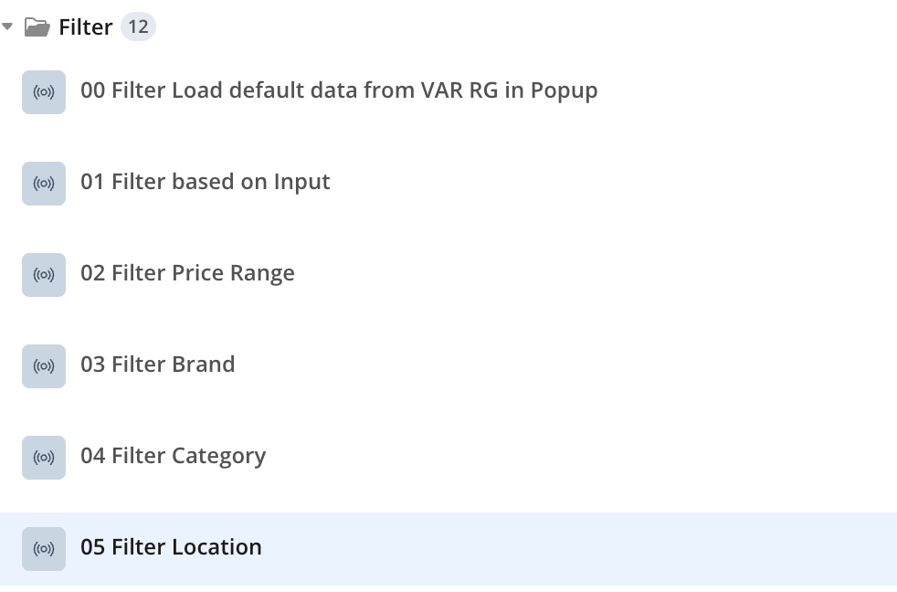 Bubble.io workflow folder named Filter listing six custom events, 00 Filter Load default data through 05 Filter Location, that form the daisy-chain